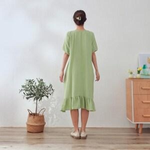 Robe midi vintage en lin biologique, taille haute, respirante, à manches courtes, légère et douce, en gaze, pour l'été, unie, personnalisable - Product Image 2