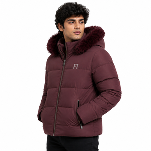 Oversized Padded Coat Puffer jacket with side pockets a zip closure detachable fur hood Fabric Parachute Bulk Men's Jackets USA - Product Image 2
