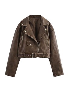 SHAFIQ SPORTS Unisex PU Leather <b>Slim</b> Moto Jacket Solid Color Stand Collar Zipper Closure <b>Belted</b> Regular Length Winter Style - Product Image 3