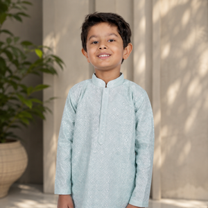 Light Blue Rayon Boys Kurta <b>Pajama</b> <b>Set</b> | Full Sleeve Regular Fit Ethnic Wear Traditional Pakistani Style Festive Wedding Outfit - Product Image 4