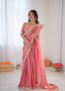 Satrani Women's Shimmer Tissue <b>Gota</b> Lace Ready To Wear Saree with Unstitched Blouse Piece - Product Image 5