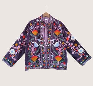 Manteau en velours pour femmes grandes tailles, col mandarin, manches longues, broderie florale à la main, style bohème - Product Image 3