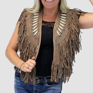 Blouson moto en toile marron pour femme avec franges et perles décoratives, écologique, pour l'hiver - Product Image 1