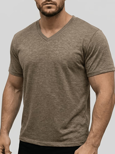Men's V-Neck Short Sleeve Solid Cotton Casual T-Shirt Regular Fit Breathable Enzyme Wash Jersey Fabric 180g Eco-Friendly - Product Image 4