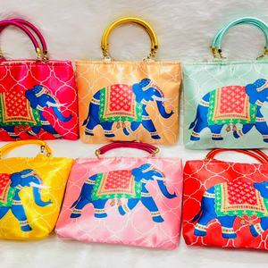 Vibrant Elephant Print Ethnic Handbags Set Premium Silk Fabric Designer Potli Style <b>Mini</b> Totes for Weddings Festive Occasions - Product Image 1