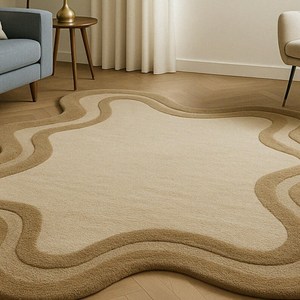 Handmade Retro Modern Boho Wool Rug Wavy white <b>Carpet</b> with Irregular Shape Custom Floor Art for Home Living Room Washable - Product Image 1