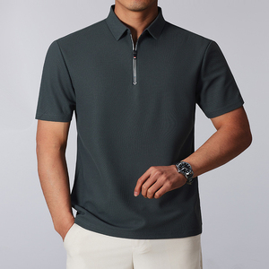 Men's <b>Black</b> <b>Short</b> Sleeve Knitted Polo Shirt Solid Color Zipper Design <b>Smart</b> Casual Regular Fit - Product Image 3
