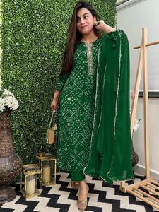 Elegant Green Bandhani <b>Kurta</b> Set With Dupatta Loose Fit Floor Length Cotton <b>Women</b> Ethnic Wear India Pakistan Style All Seasons - Product Image 5