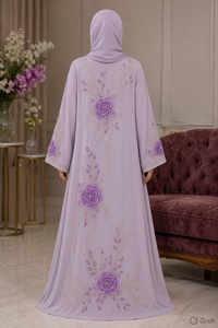 Abaya ample brodée florale violette à capuche, robe modeste à manches longues, longueur cheville, ourlet droit, tenue formelle musulmane pour femme - Product Image 3