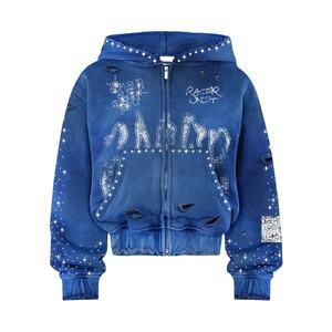 เสื้อฮู้ดดี้โอเวอร์ไซส์สีน้ำเงินยีนส์ฟอกกรดคุณภาพสูง แต่งดีเทลขาดๆ พร้อมเชือกผูก ปักโลโก้ด้วยคริสตัลด้านหน้า สไตล์ลำลอง ผลิตจากผ้าฝ้าย 100% - Product Image 6