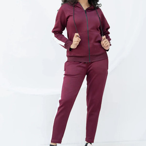 Conjunto Deportivo con Capucha para Mujer, Color Sólido, Cierre Completo con Cremallera, Ropa Casual Transpirable de Poliéster y Algodón, Bolsillos Laterales, Estilo Otoñal - Product Image 1