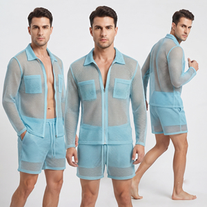 Conjunto de Camisa y Pantalones Cortos de Malla para Hombre, Casual, 100% Poliéster, Verano, Transparente, con Cierre, Secado Rápido - Product Image 6