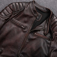 Blouson de moto homme en cuir véritable et toile, col montant, fermeture éclair, imperméable, respirant, coupe-vent, ajusté, hiver