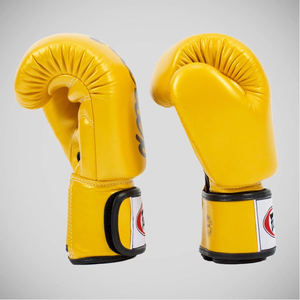 ถุงมือชกมวยหนังวัวแท้สีเหลือง Fairtex ขายส่ง พร้อมโลโก้สั่งทำ สำหรับฝึกซ้อมคิกบ็อกซิ่ง ต่อสู้ แบบติดตีนตุ๊กแก ระบายความชื้นได้ดี - Product Image 4