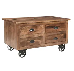 Natural Mango Wood Industrial 4 Wheels Four Drawer Industrial Solid Wooden Living Room End Storage Trunk End Center Coffee Table