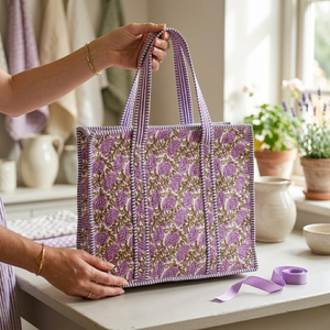 Bolso Acolchado de Algodón con Diseño Floral Morado Estilo Boho, Bolso Tote Blanco de Gran Capacidad con Ribete a Rayas, Obra Maestra de Alta Calidad - Product Image 2