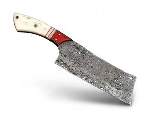 Couteau à découper la viande en acier Damas artisanal, manche en résine rouge, couteau à hacher robuste - Product Image 1
