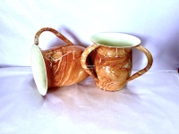 Taza colgante para lavado de manos de acero inoxidable con doble asa, esmaltada con purpurina azul, con patrón de follaje primaveral, hecha a mano, para rituales judíos.