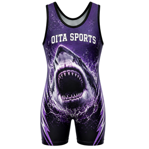 Combinaison de lutte sublimée pour homme, violet et noir, en polyester, pour compétition, entraînement et matchs. - Product Image 2