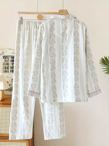 Women's Color Striped Printed Floral 100% Muslin Double Layer Lightweight Plus Size Long Sleeve Pajama Set for Spring/Summer - Product Image 4
