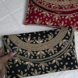 Handmade Elegant Velvet Envelope <b>Clutch</b> Set with Rich Emerald <b>Green</b> and Royal Maroon Exquisite Hand-Embroidered Design - Product Image 2