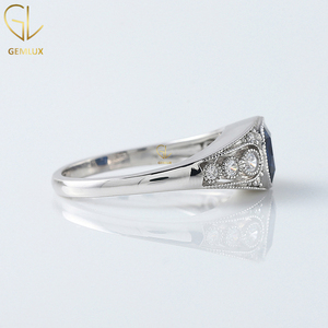 Blue Sapphire <b>Cushion</b> Cut Moissanite Diamond Ring Vintage Art Deco Milgrain Bezel Set 18k White Gold Engagement Ring - Product Image 4