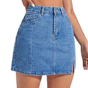 Mini Casual Denim Skirt Women Regular Waist Belt Straight Slim Knee-Length Summer Streetwear Cotton Embroidery Print - Product Image 1