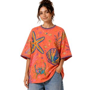 เสื้อยืดโอเวอร์ไซส์ลายกราฟิกสีส้มคอรัลสำหรับผู้หญิง พิมพ์ลายมหาสมุทรหลากสีสัน สไตล์ลำลอง ผ้าฝ้าย สตรีทแวร์ ใส่สบายช่วงฤดูร้อน ทรงหลวม รับผลิตตามสั่ง ขายส่ง - Product Image 1