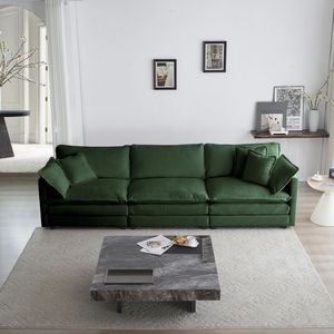 Divano a 3 Posti in Ciniglia Verde Stile Mid-Century Moderno per Soggiorno con 2 Braccioli e 3 Cuscini Decorativi - Product Image 2