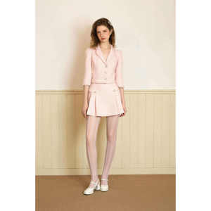 Ensemble deux pièces KS43, taille haute, manches régulières, col à revers, épais, élégant, pour le bureau, SERENA Vietnam, robe en tweed rose pastel - Product Image 3