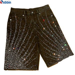 Pantalones Cortos de Mezclilla Tejida Estilo Hip Hop Casual de Verano con Lavado Vintage, Estampado Completo y Pedrería, Fabricación Personalizada, Pierna Recta para Hombre - Product Image 2