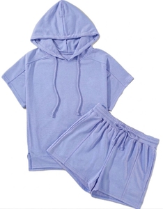Conjunto de Sudadera con Capucha de Manga Corta y Pantalones Cortos de Punto de Algodón para Mujer, Tallas Grandes, Ropa Casual Transpirable de Alta Calidad, Logotipo Personalizado - Product Image 1