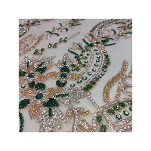 Tela de Encaje Bordada Verde Esmeralda de Lujo con Lentejuelas Doradas, Tul con Cuentas Pesadas para Vestidos de Novia y de Noche - Product Image 1