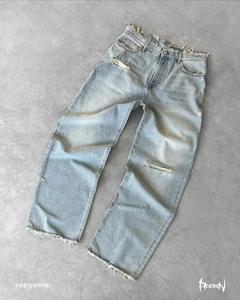 Jean cargo unisexe délavé moyen, couleur unie, avec déchirures, effet délavé à l'acide, taille haute, style streetwear décontracté - Product Image 6