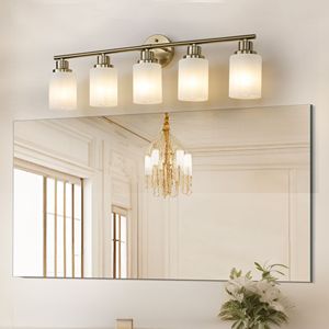 5 <b>Light</b> Modern Vanity Wall <b>Sconce</b> 31\" Golden Finish with Frosted Glass Shades for Bathroom & Hallway Lighting No Bulbs Included - Product Image 1