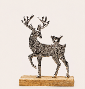 High Quality Handcrafted Silver Aluminum Reindeer With Bird Sculpture On Solid Wooden Base Modern Metal Stag Figurine Tabletop - Product Image 1