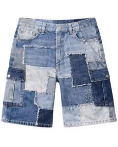 Shorts en jean patchwork bleu personnalisés pour hommes, style cargo, design multi-panneaux, tenue décontractée d'été, fermeture boutonnée - Product Image 1