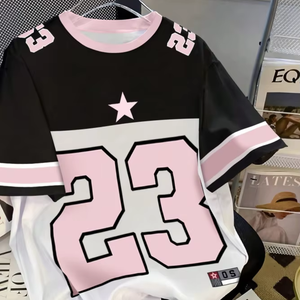 <b>Men's</b> <b>Black</b> White Pink 23 Number Street Style Short Sleeve T-<b>Shirt</b> O-Neck <b>Slim</b> Printed Pattern Contrast Trim Breathable - Product Image 1