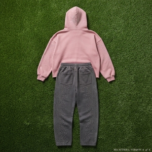Ensemble survêtement streetwear rose personnalisé pour femme avec strass, en molleton de coton, coupe oversize, vente en gros OEM - Product Image 5