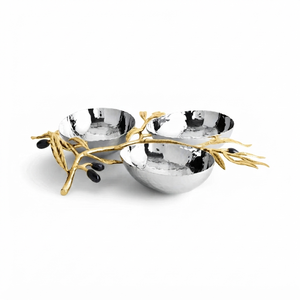 Bol à Trois Nuts de Luxe en Forme de Branche d'Olivier avec Assiettes Argentées Martelées et Accents Dorés pour une Présentation et une Décoration de Table Élégantes - Product Image 1