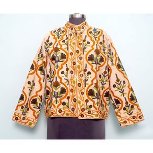 Chaqueta Mandarina Gruesa de Algodón 100% Hecha a Mano con Bordado Floral Estilo Indio Vintage, Ecológica, Transpirable y de Secado Rápido para Mujer - Product Image 1