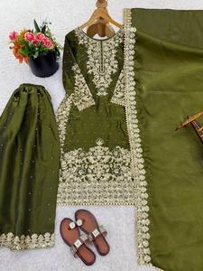 Heavy Embroidered <b>Silk</b> Kurta Palazzo Set Olive <b>Green</b> Floral Beaded Salwar Kameez for Wedding Party Graduation Diwali Spring - Product Image 6
