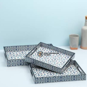 Ensemble de 3 plateaux de service de cuisine en émail géométrique bleu, plateaux décoratifs en MDF, design élégant, adaptés aux aliments - Product Image 6