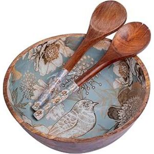 Handmade Mango Wood Serving Bowl with Enamel Floral Print | Large Round Wooden Salad Bowl for Fruits Cereal Pasta | Food Safe - Product Image 4
