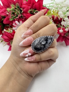 แหวนเงินชุบประดับโอปอลเดนไดรต์ธรรมชาติ แหวนทำมือประดับพลอยสำหรับผู้หญิง ขายส่ง - Product Image 1