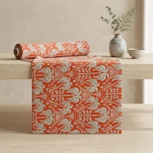 Finest Embroidered Red Cotton Schiffli Eyelet Fabric with White Tropical Palm <b>Tree</b> Embroidery for Resort Wear and Cushion Covers - Product Image 2