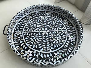 Table basse décorative à thème bouddhiste en MDF, fabriquée à la main, écologique, polie, plateau de service rond, ottoman à perles, divertissement à domicile - Product Image 2