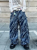 Jean large en denim tissé 100 % coton pour homme, style gothique bohème, délavé, bords effilochés, coupe ample, tendance vintage hiver
