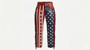 Pantalones de Cuero para Hombre con Estampado de Bandera Americana, con Borlas, Cintura Alta, Estilo Motociclista, Largo Corto, Patrón de Estrellas y Rayas Rojas, Azules y Blancas - Product Image 1