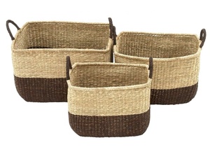 Ecofriendly Handicrafts Black Tan Seagrass <b>Basket</b> handles Set 3 <b>Straw</b> Storage <b>basket</b> Hand woven rattan Laundry <b>Basket</b> Organizer - Product Image 4